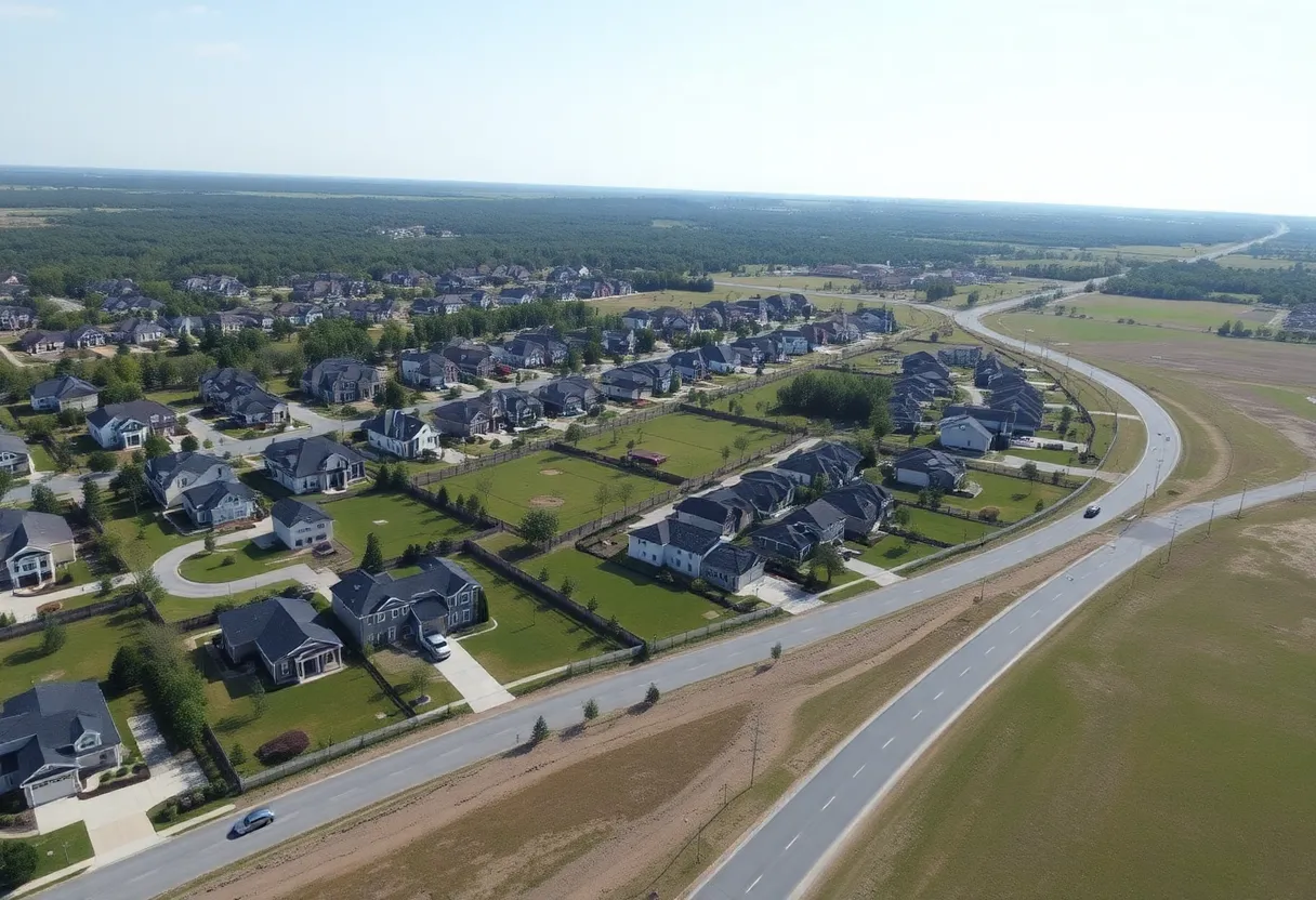 Aerial view of new residential construction in Florence County with multiple homes and green areas.