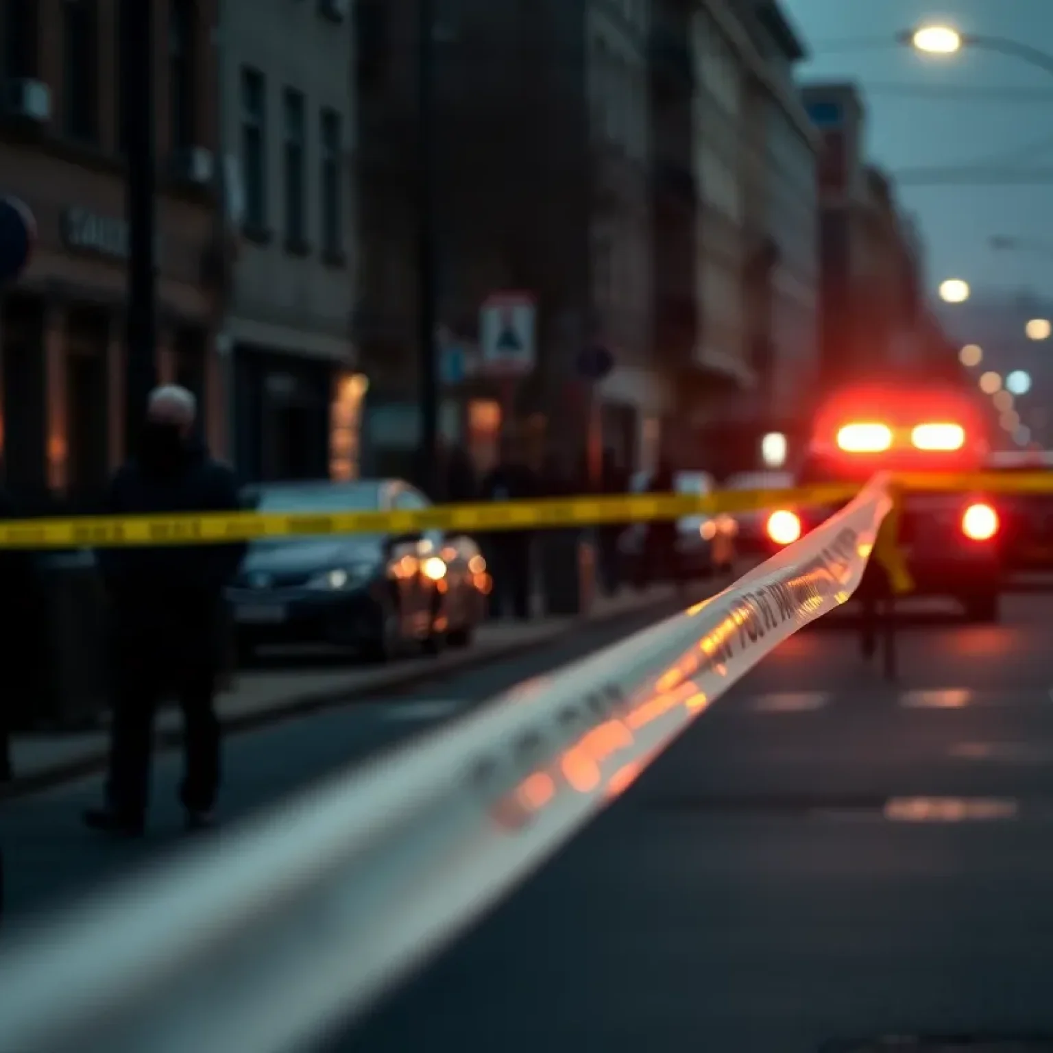 Police investigation scene with emergency lights and police tape