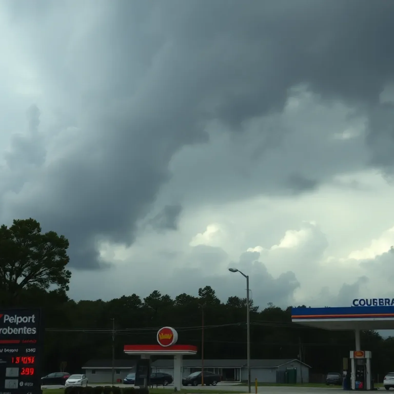 A weather scene in Florence, SC with visible storm clouds and gas prices signage