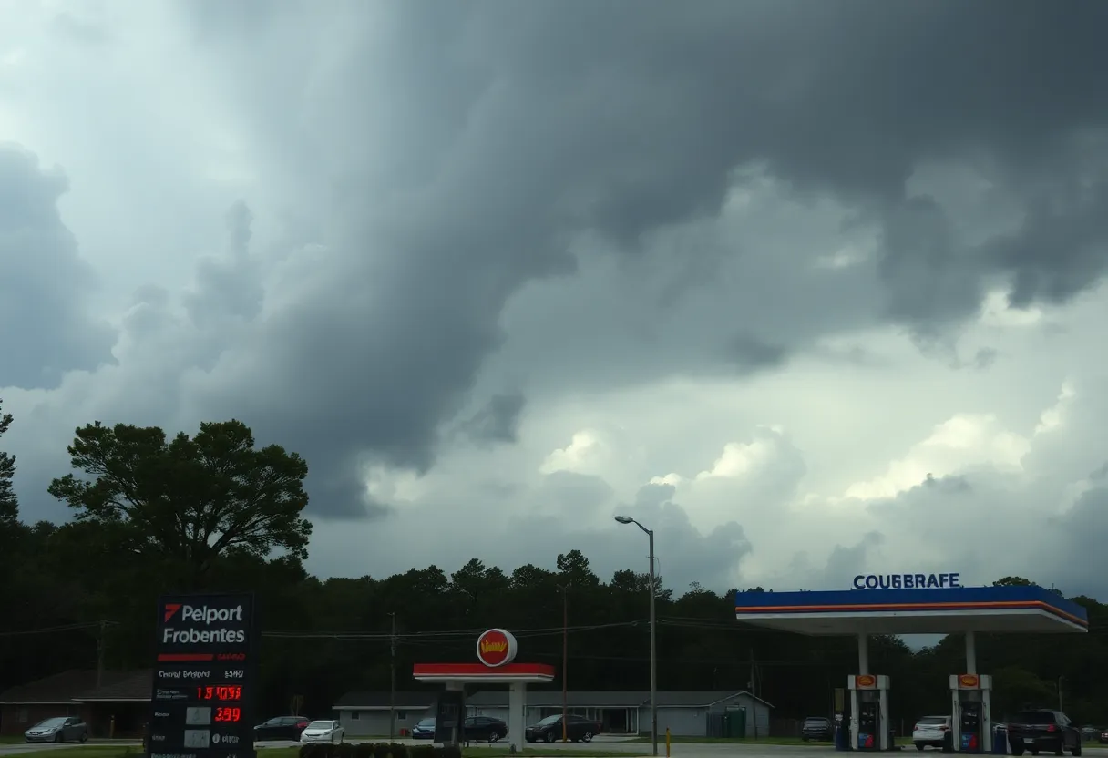 A weather scene in Florence, SC with visible storm clouds and gas prices signage