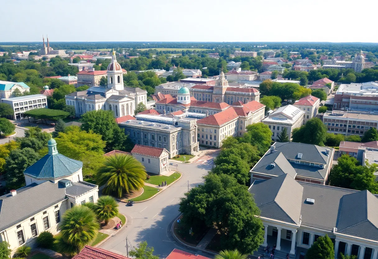 Cityscape of Florence, South Carolina with a blend of historical and modern buildings.