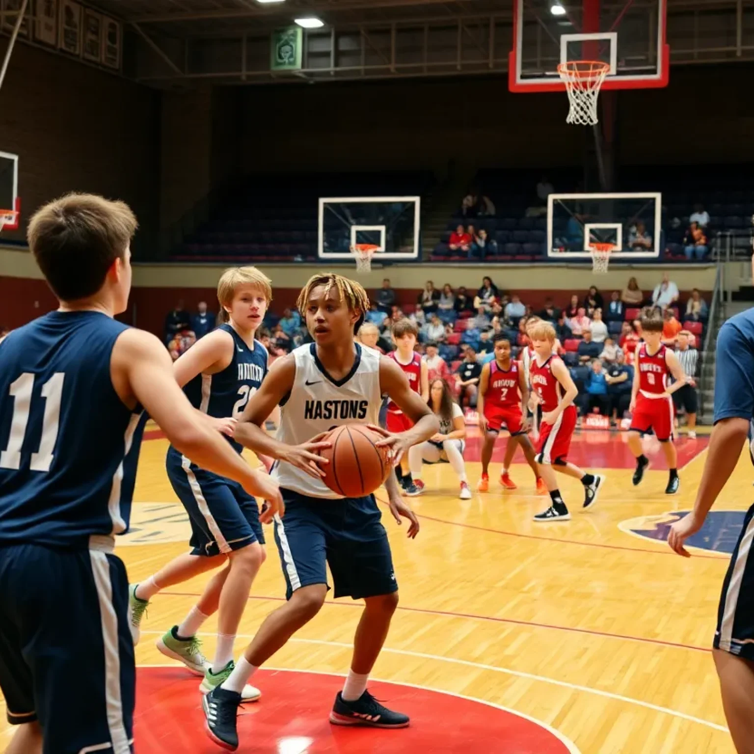 Intense high school basketball game with players in action