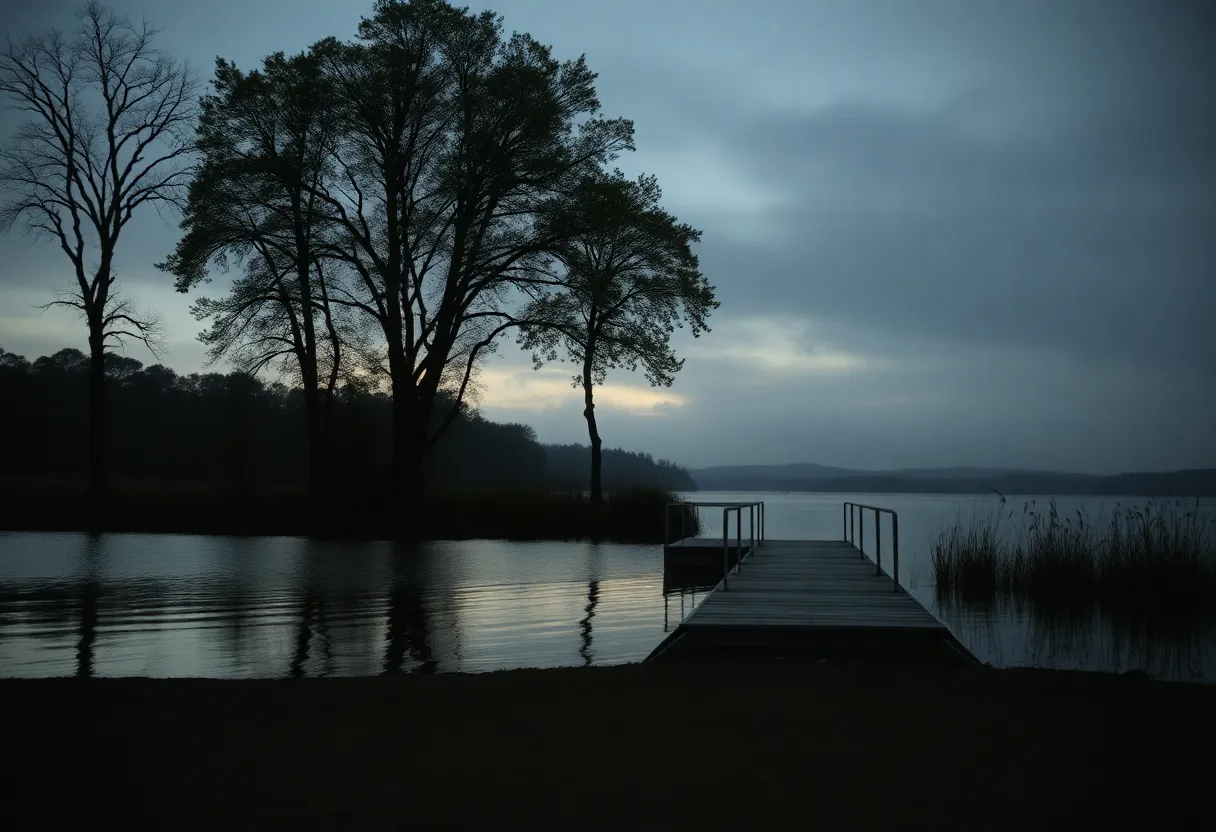 A quiet lakeside area representing an ongoing investigation.