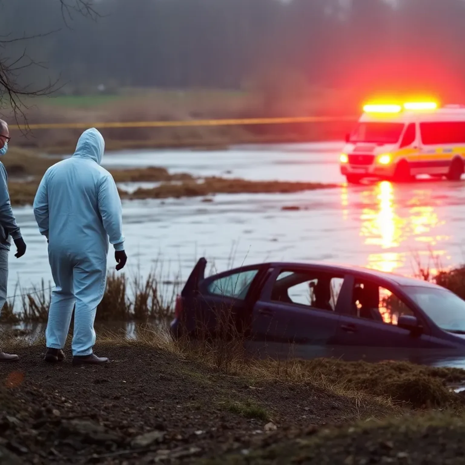 Forensic team investigating a submerged vehicle in a missing persons case