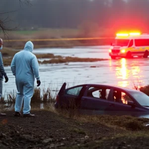 Forensic team investigating a submerged vehicle in a missing persons case