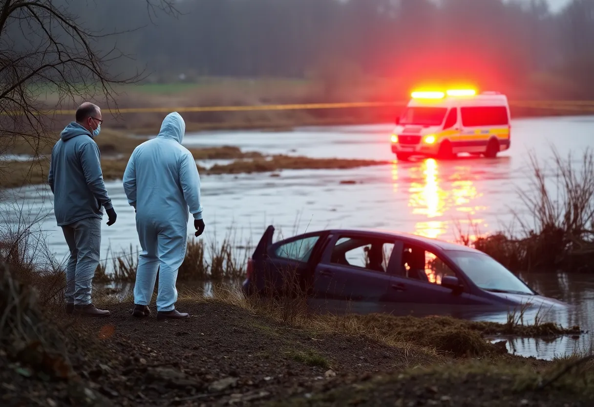 Forensic team investigating a submerged vehicle in a missing persons case