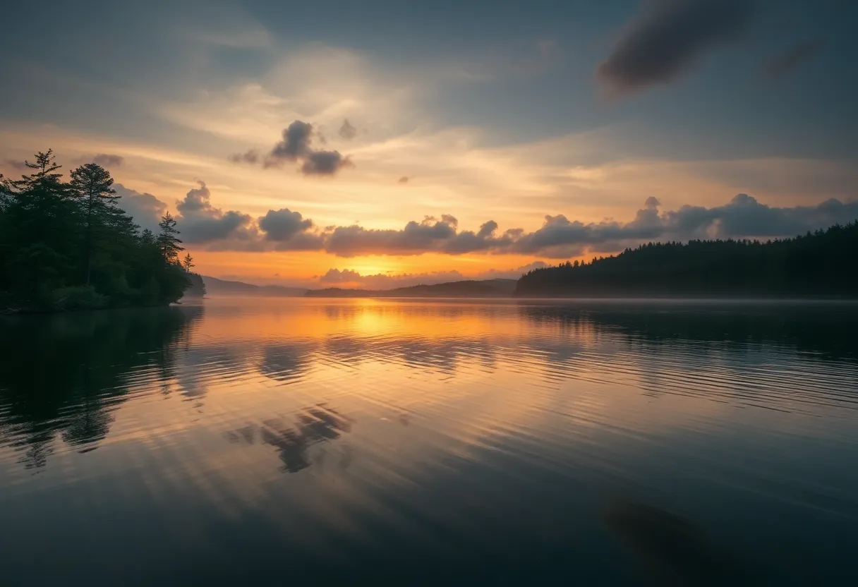 Lake scene representing the mysterious circumstances of a recent investigation.