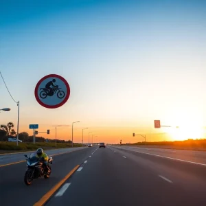 Scenic view of a coastal highway with motorcycle safety signs.