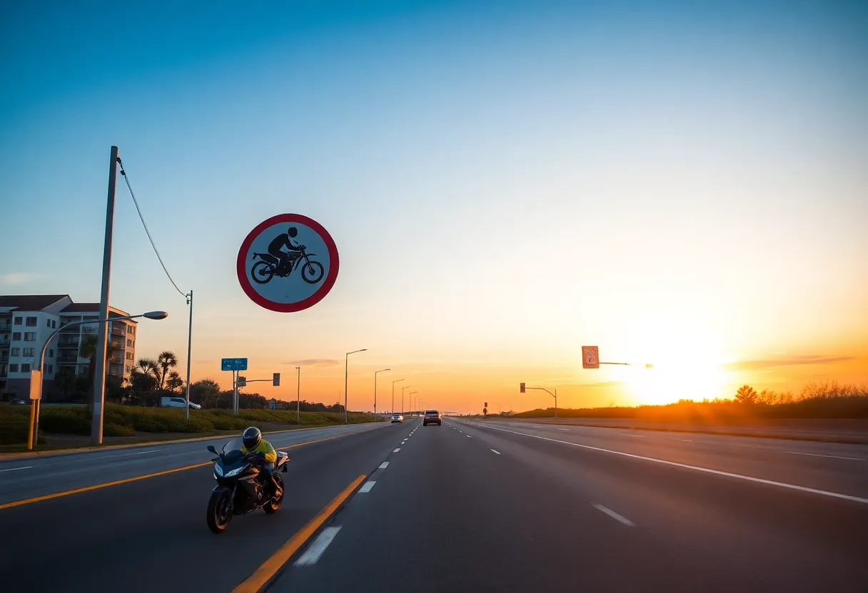 Scenic view of a coastal highway with motorcycle safety signs.