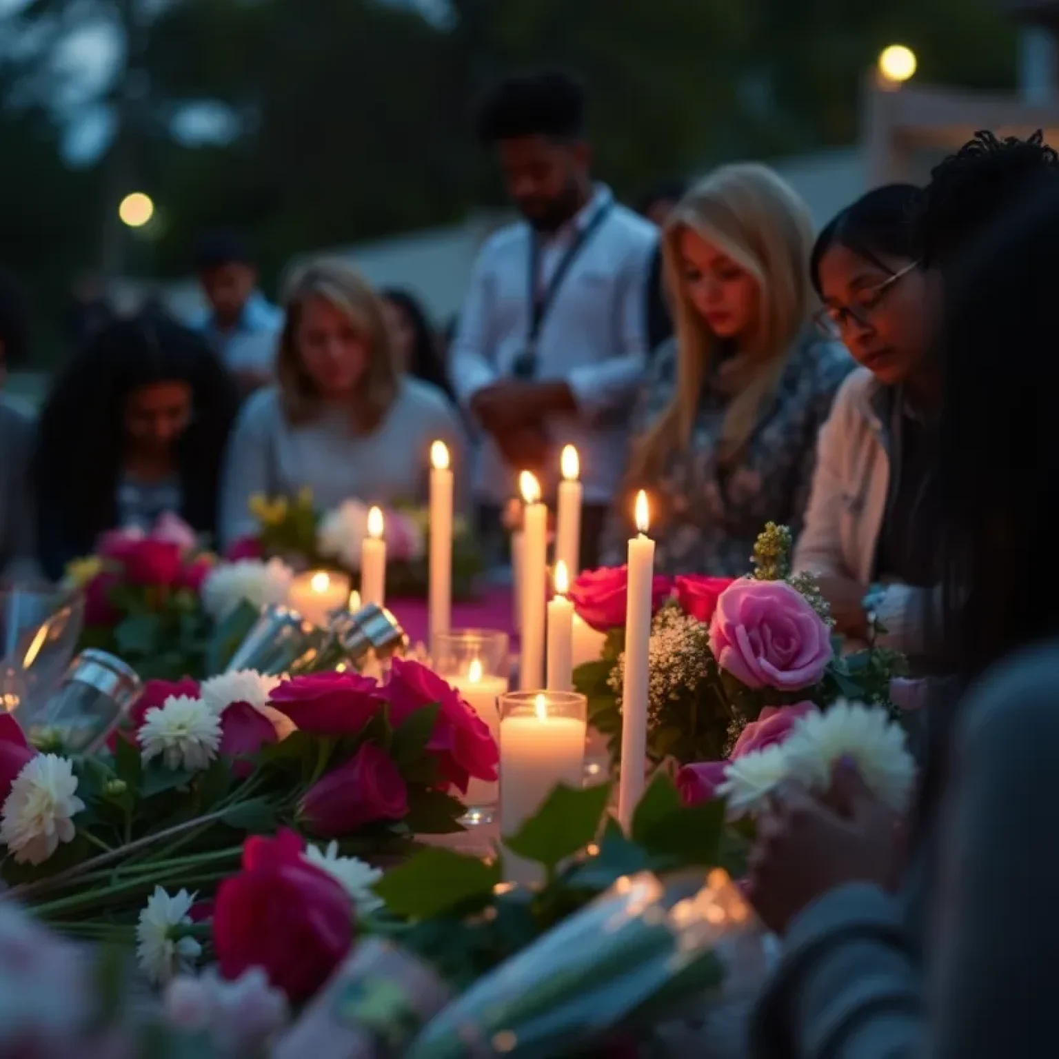 Community members gathering to mourn after a tragic shooting.