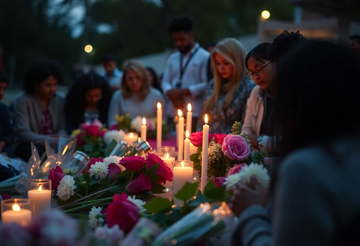 Community members gathering to mourn after a tragic shooting.