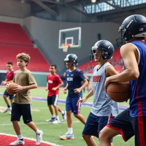 Athletes training for basketball and football representing NC State