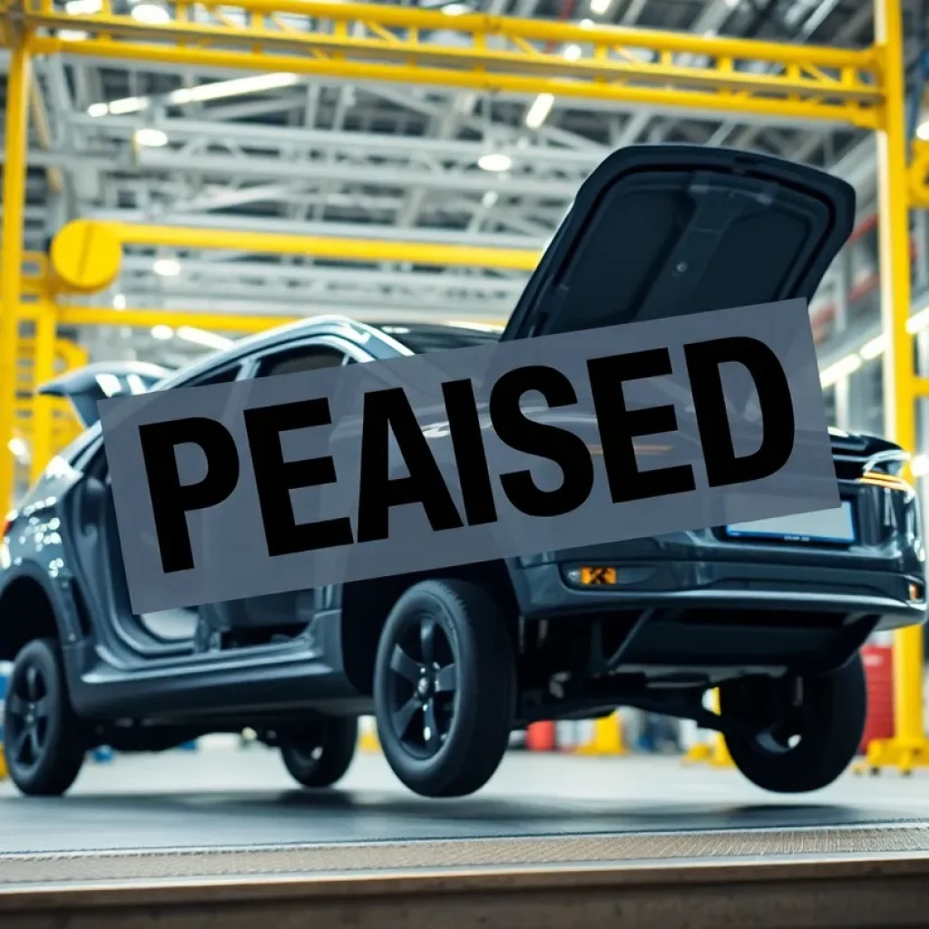 Construction site of an electric vehicle factory with a paused sign