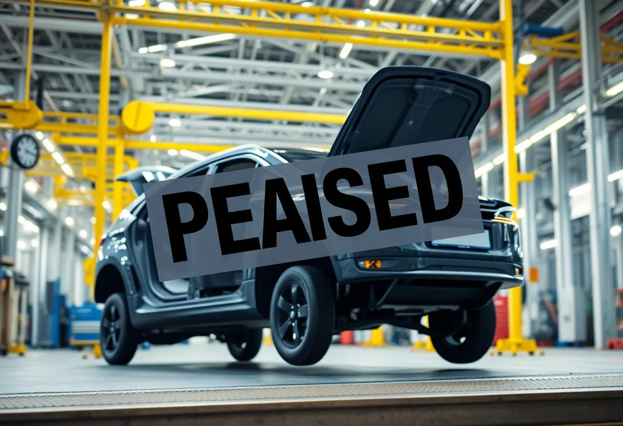 Construction site of an electric vehicle factory with a paused sign