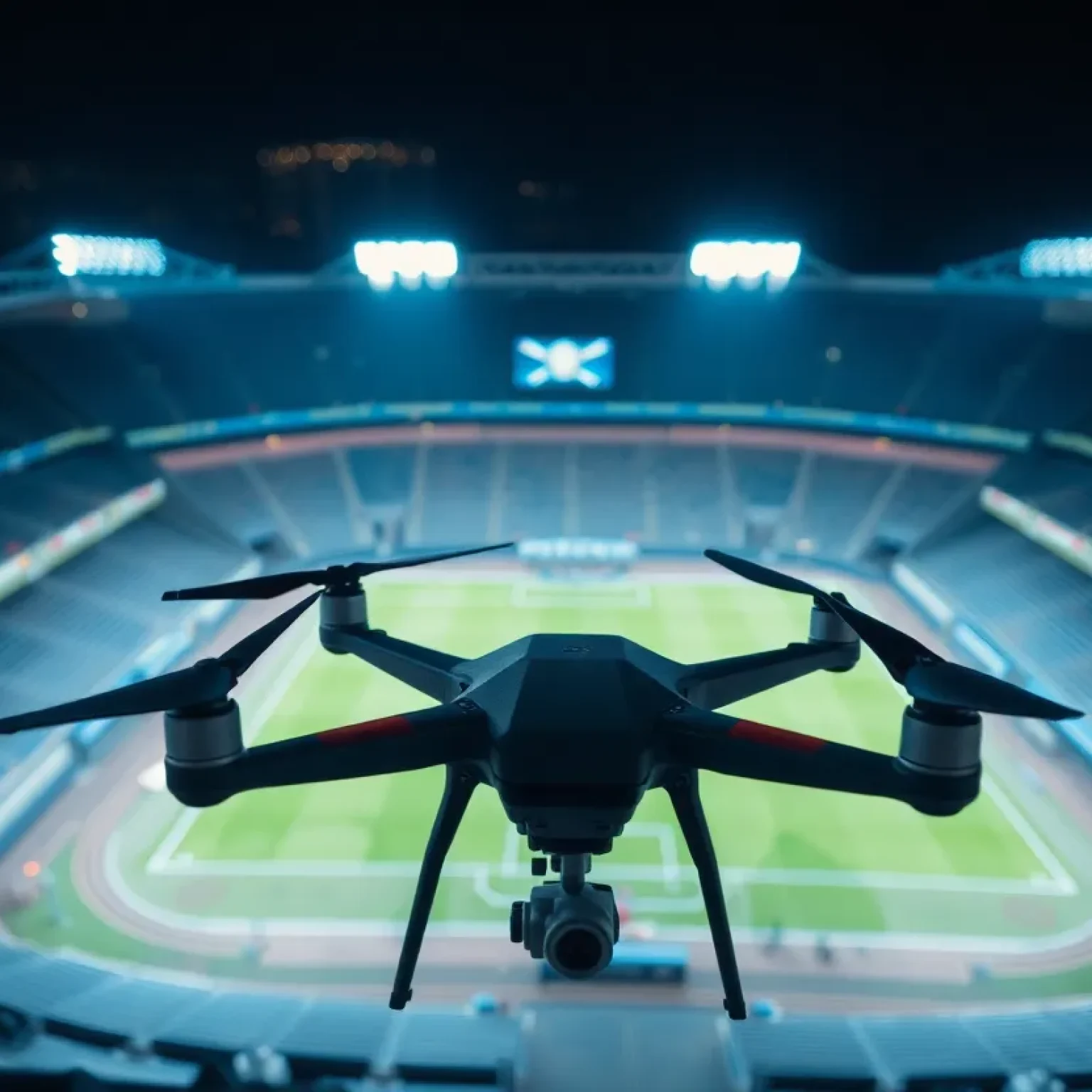 Drone capturing aerial footage of Carolina Bank Stadium during a police operation.