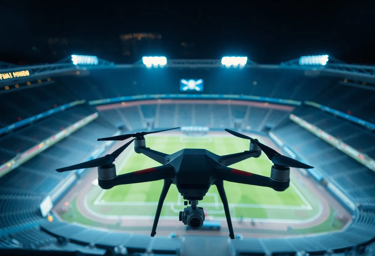 Drone capturing aerial footage of Carolina Bank Stadium during a police operation.