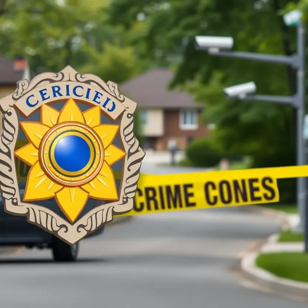 Police badge and crime scene tape on a residential street