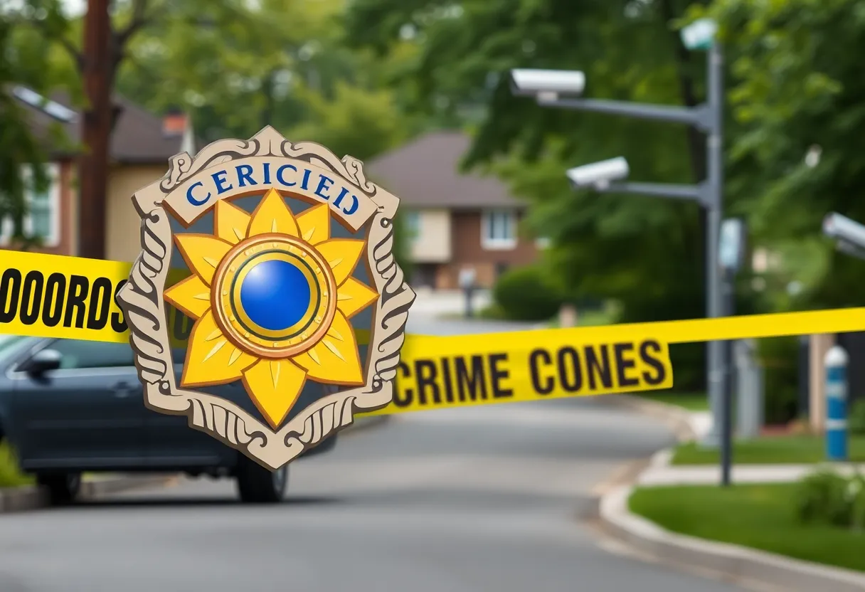 Police badge and crime scene tape on a residential street
