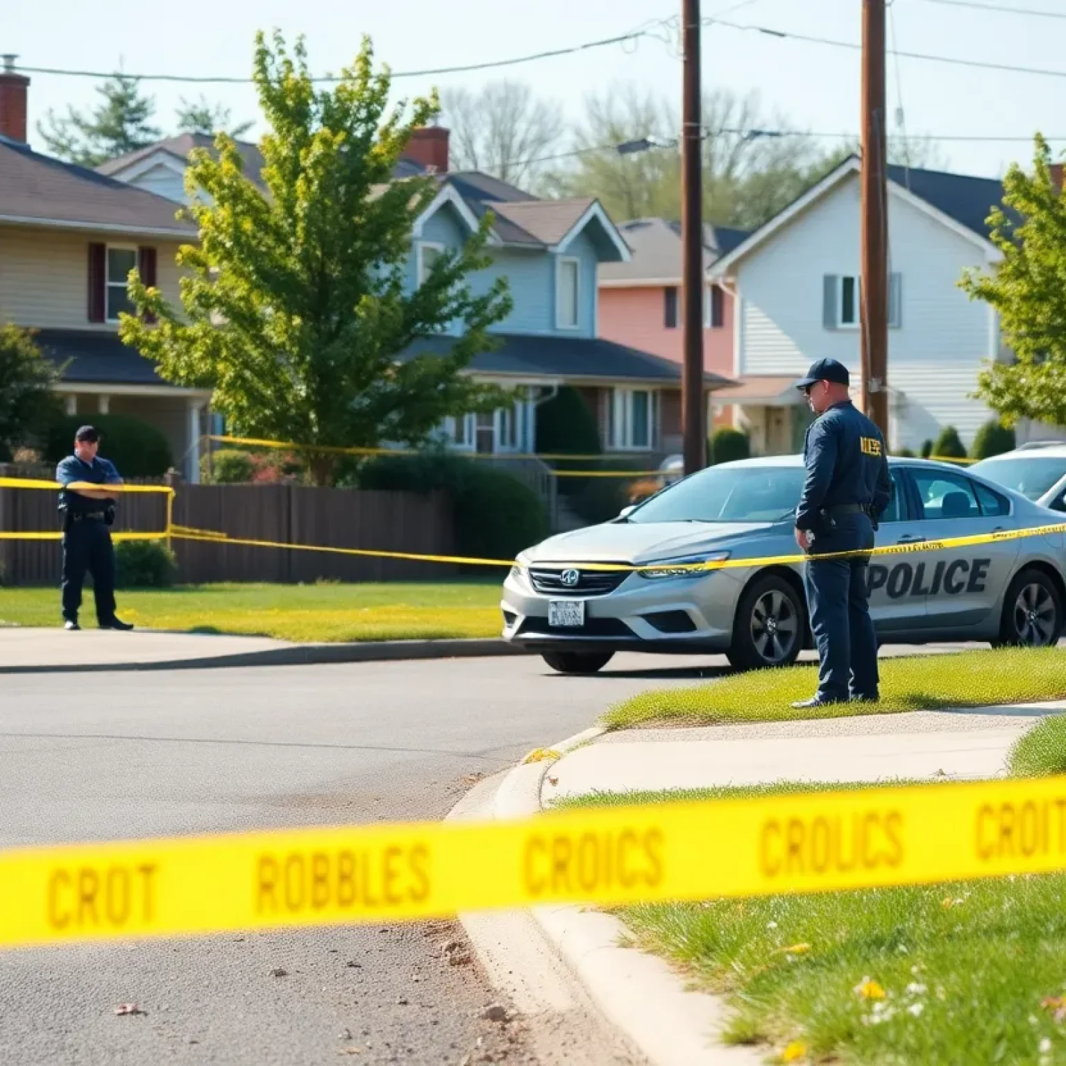 Police officers investigating a crime scene in a neighborhood