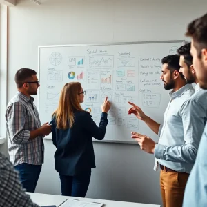 A diverse team of marketers collaborating on real-time marketing strategies.
