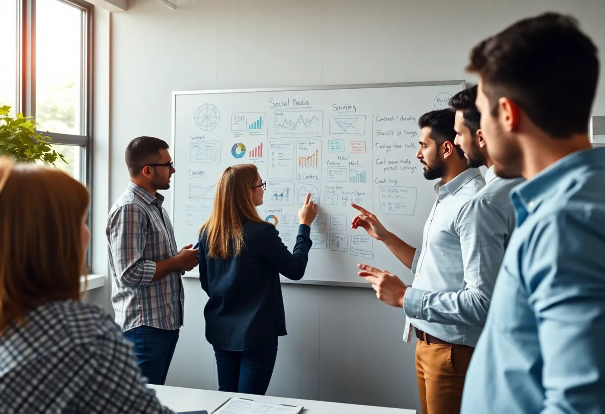A diverse team of marketers collaborating on real-time marketing strategies.