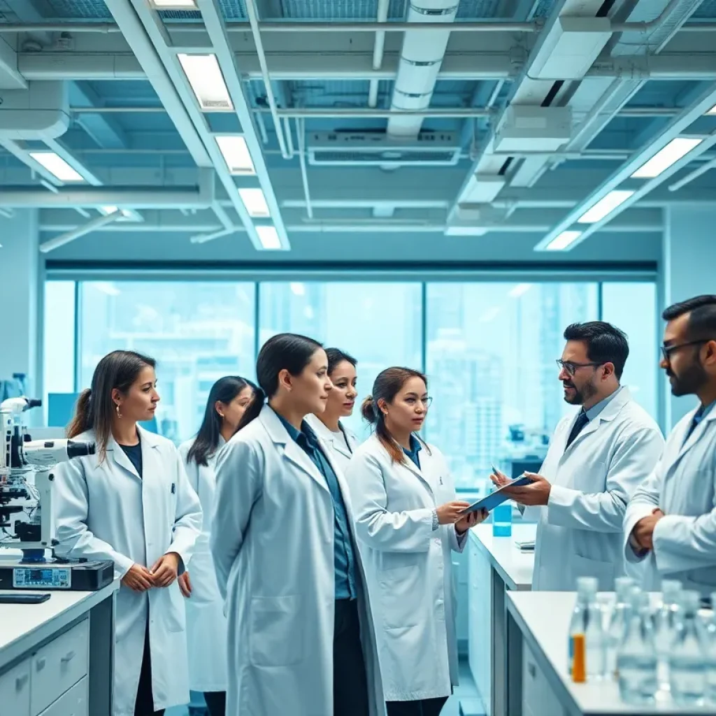 Scientists collaborating in a modern laboratory setting.