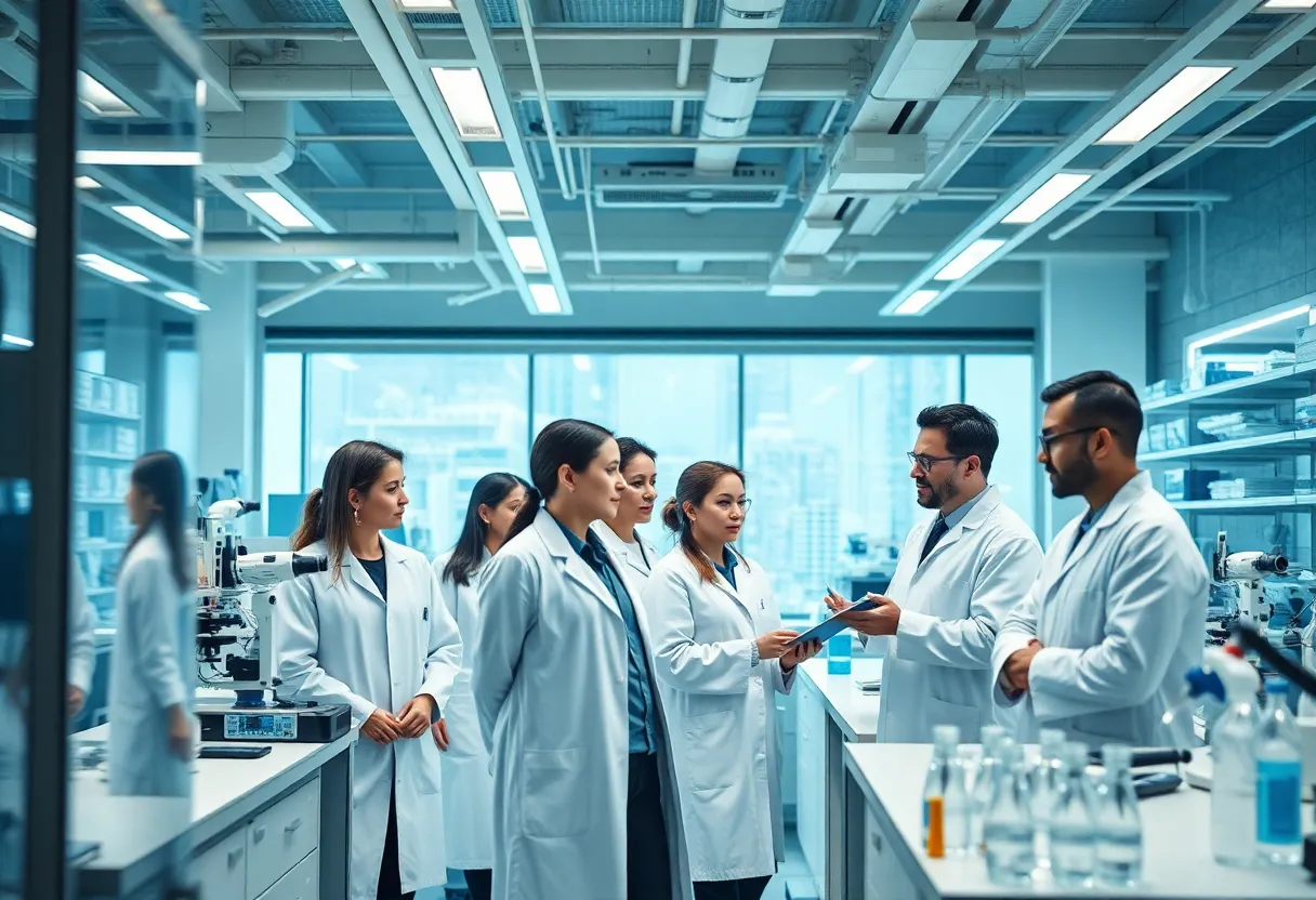 Scientists collaborating in a modern laboratory setting.