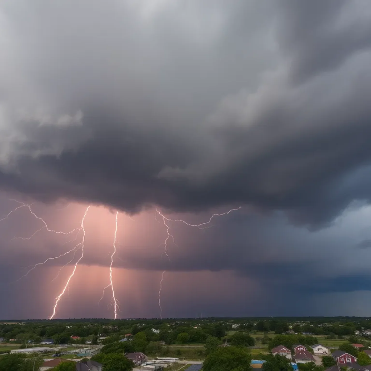 Dramatic storm clouds gathering over a small town