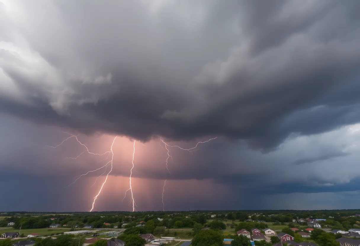Dramatic storm clouds gathering over a small town