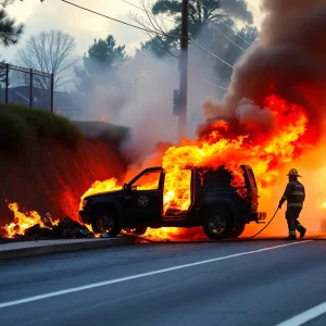 Firefighters managing a vehicle fire after an accident in Florence SC.