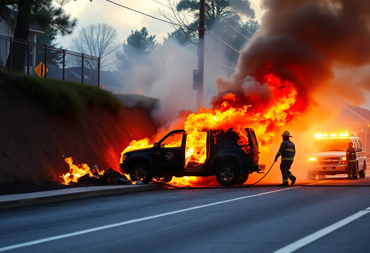 Firefighters managing a vehicle fire after an accident in Florence SC.