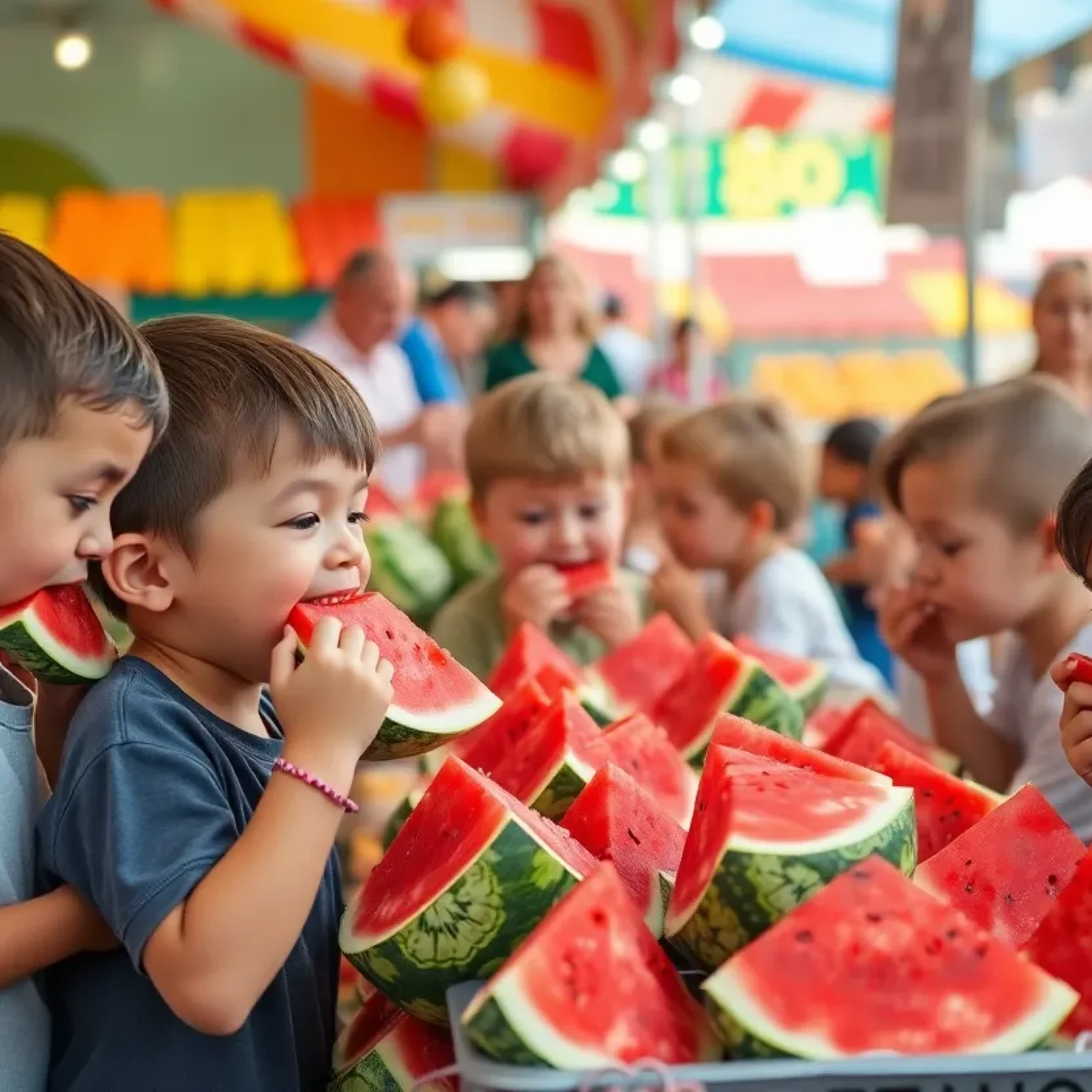 Children competing in a watermelon-eating contest at a farmers market