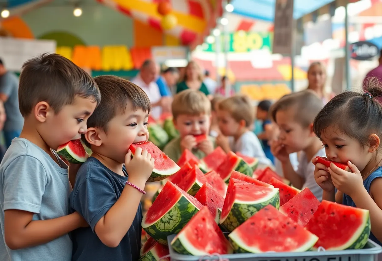 Children competing in a watermelon-eating contest at a farmers market