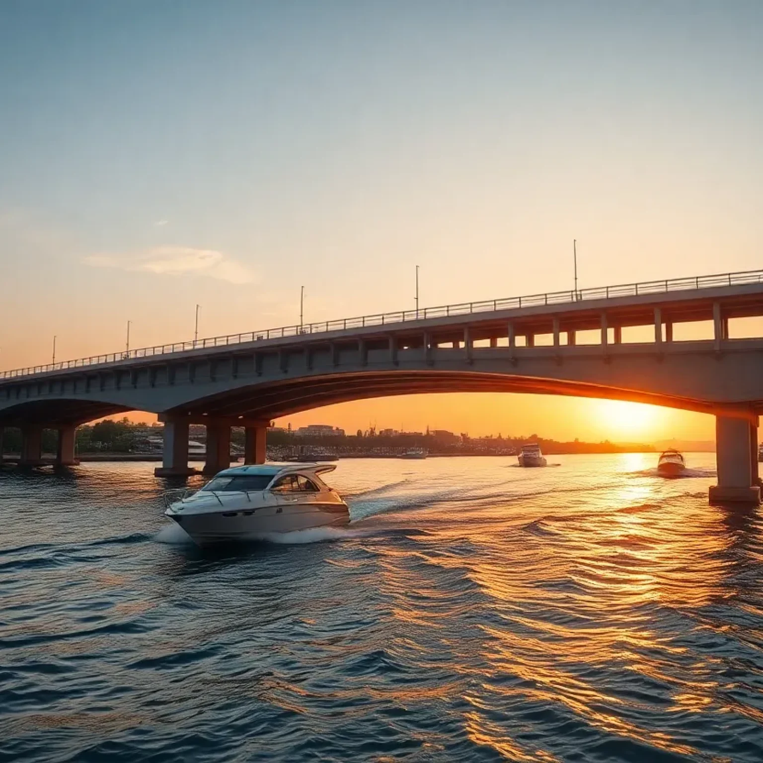 A boat navigating beneath a low-clearance bridge on a peaceful waterway