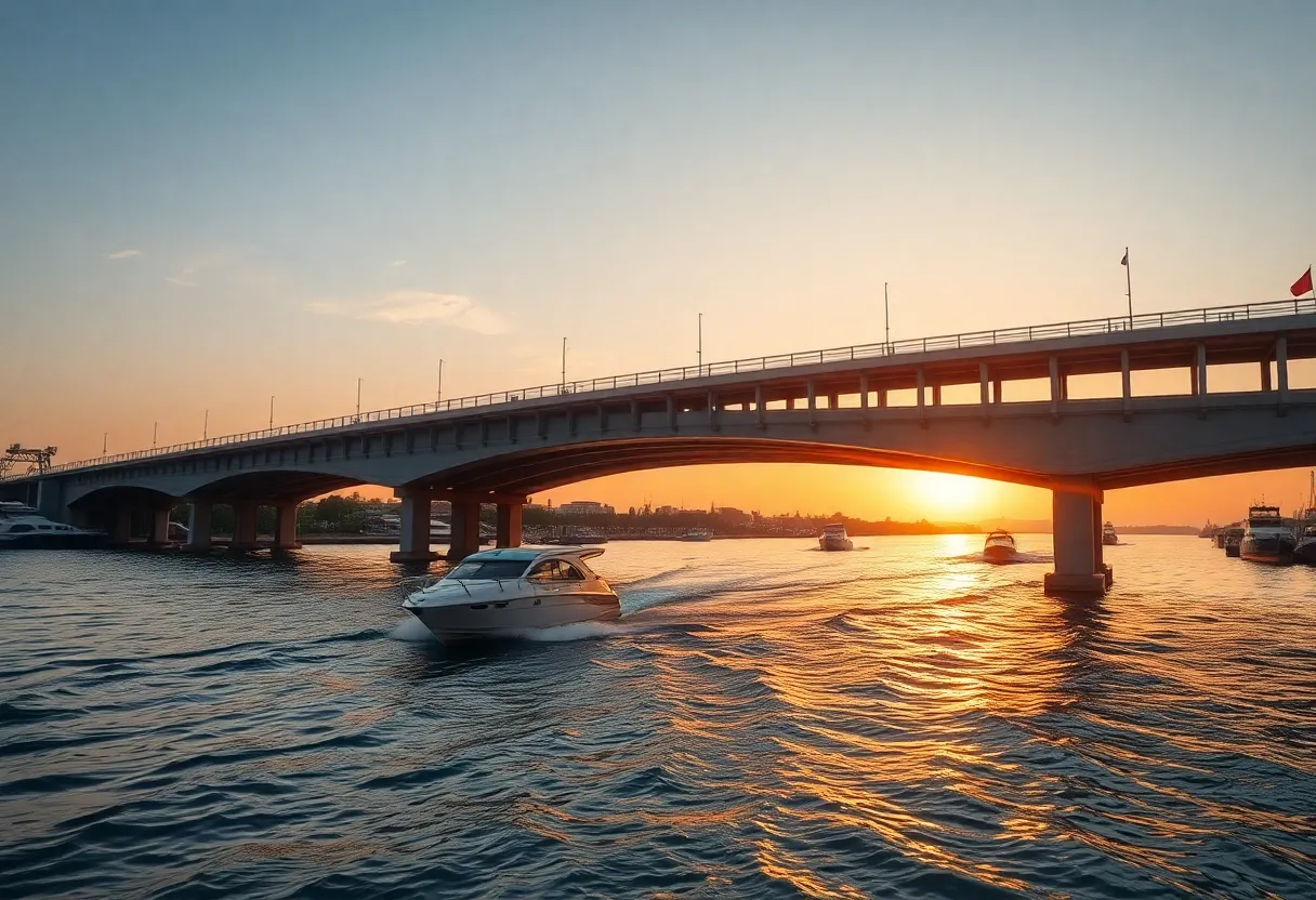 A boat navigating beneath a low-clearance bridge on a peaceful waterway