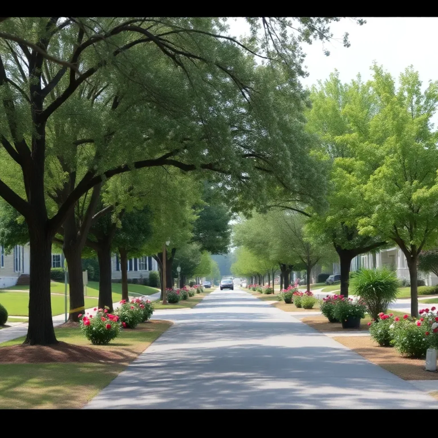 Cheraw community scene with blooming flowers