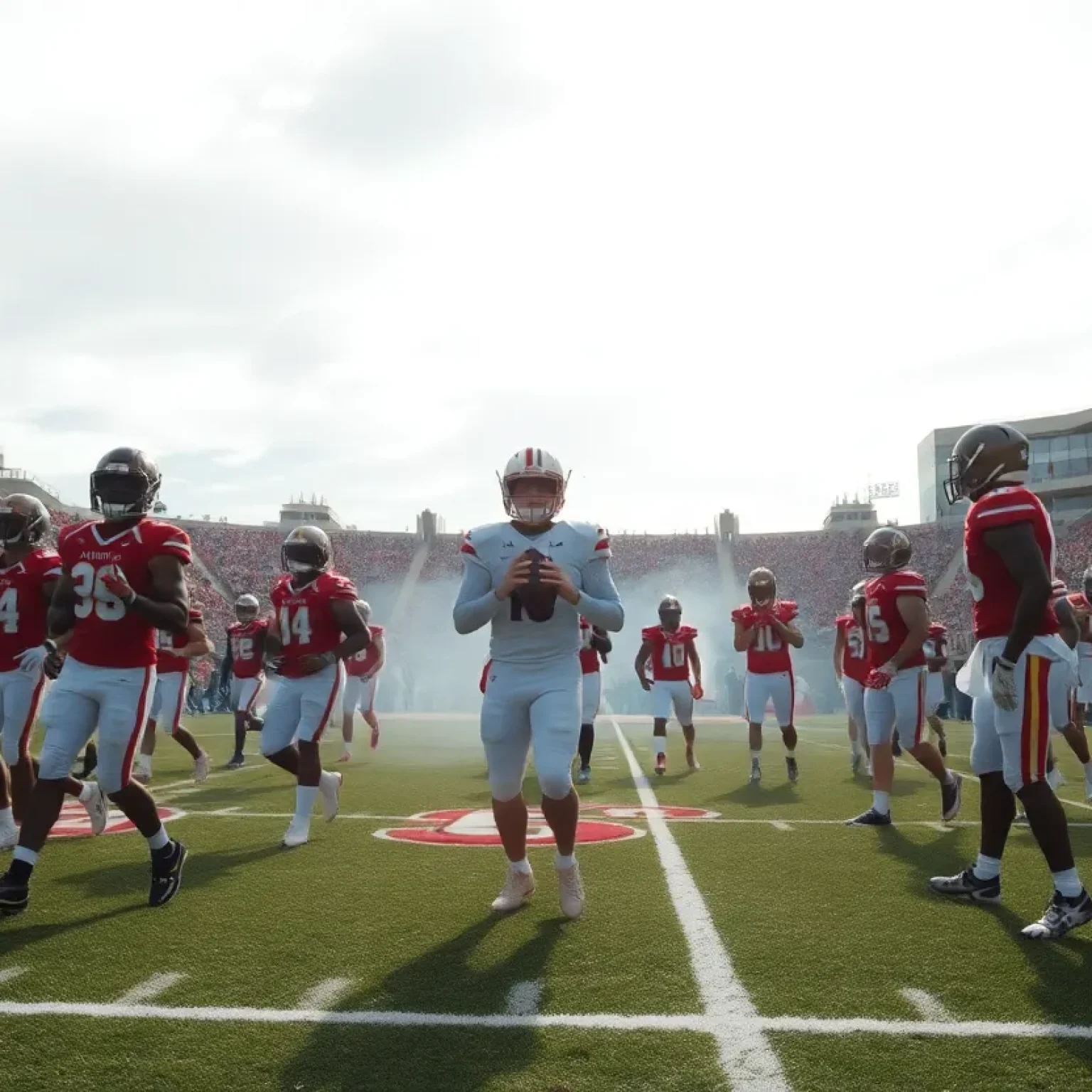Dynamic scene of college football players warming up on the field