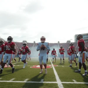 Dynamic scene of college football players warming up on the field
