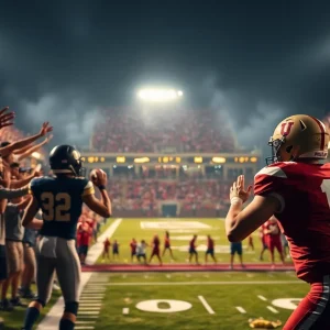 A quarterback in a college football game with fans in the background.