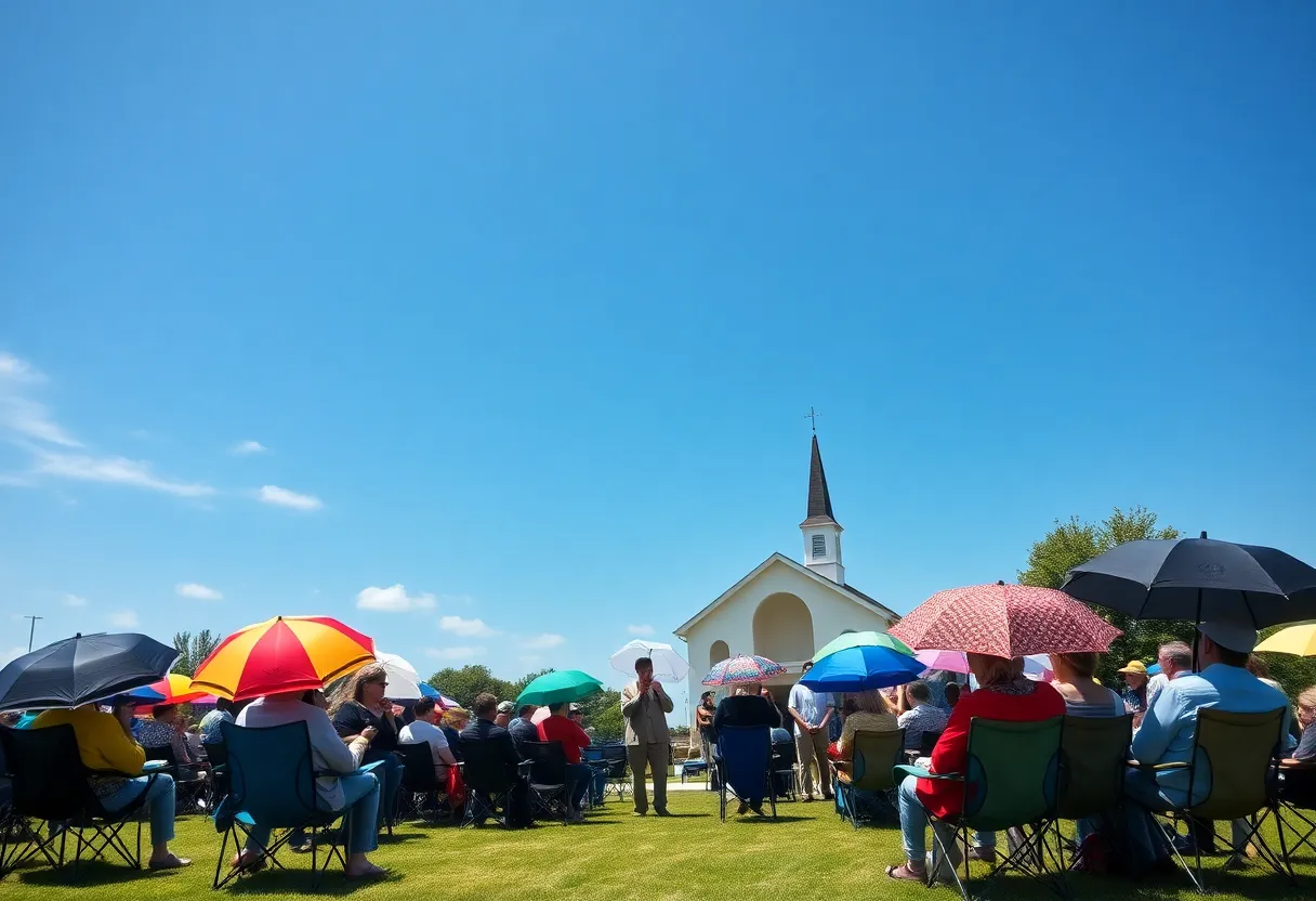 Members of the Pleasant Grove Baptist Church gathered for an outdoor service.