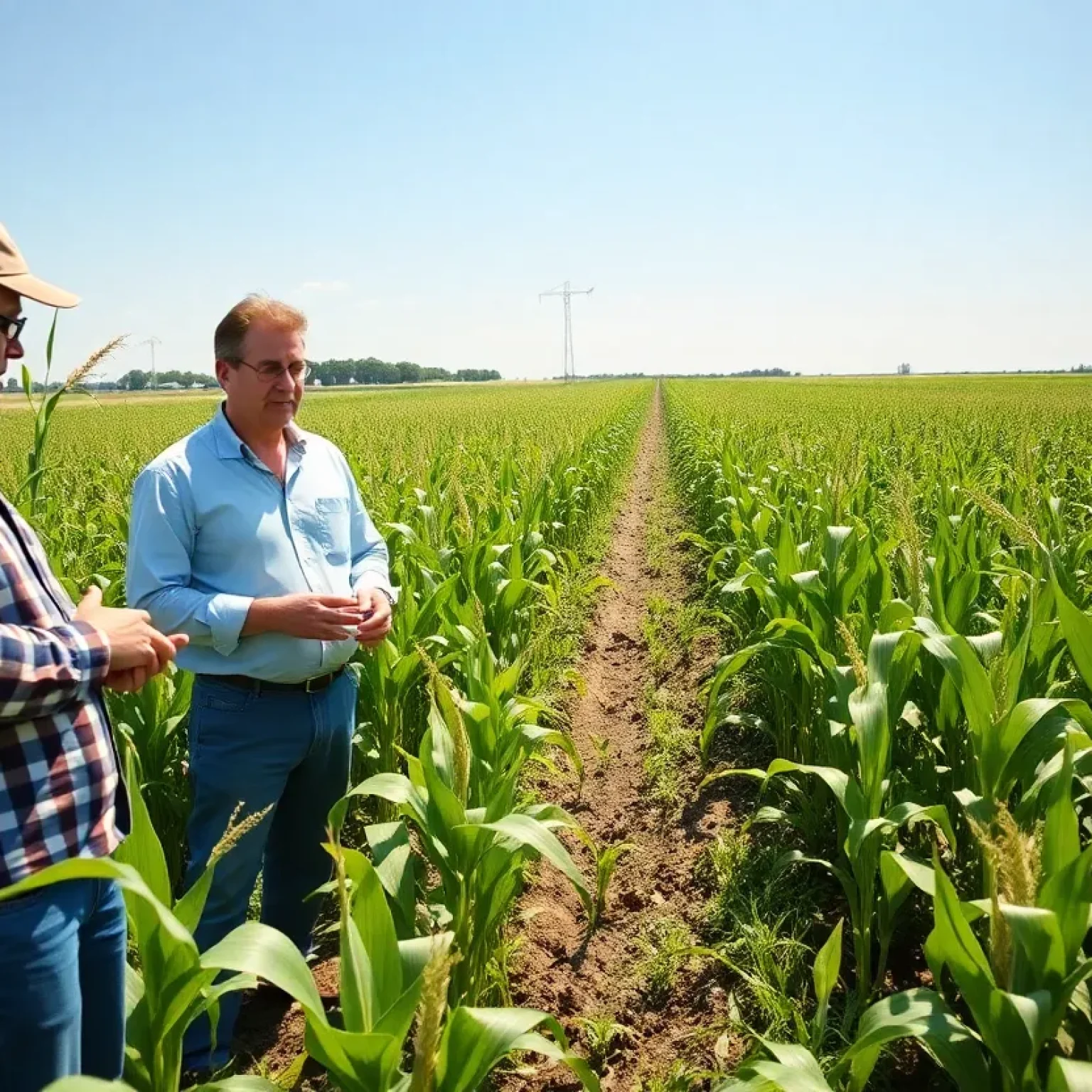 Participants at Clemson University's Corn and Soybean Field Day discussing farming practices in a sunny field.