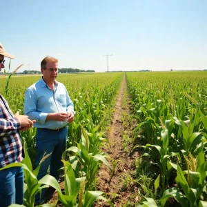Participants at Clemson University's Corn and Soybean Field Day discussing farming practices in a sunny field.