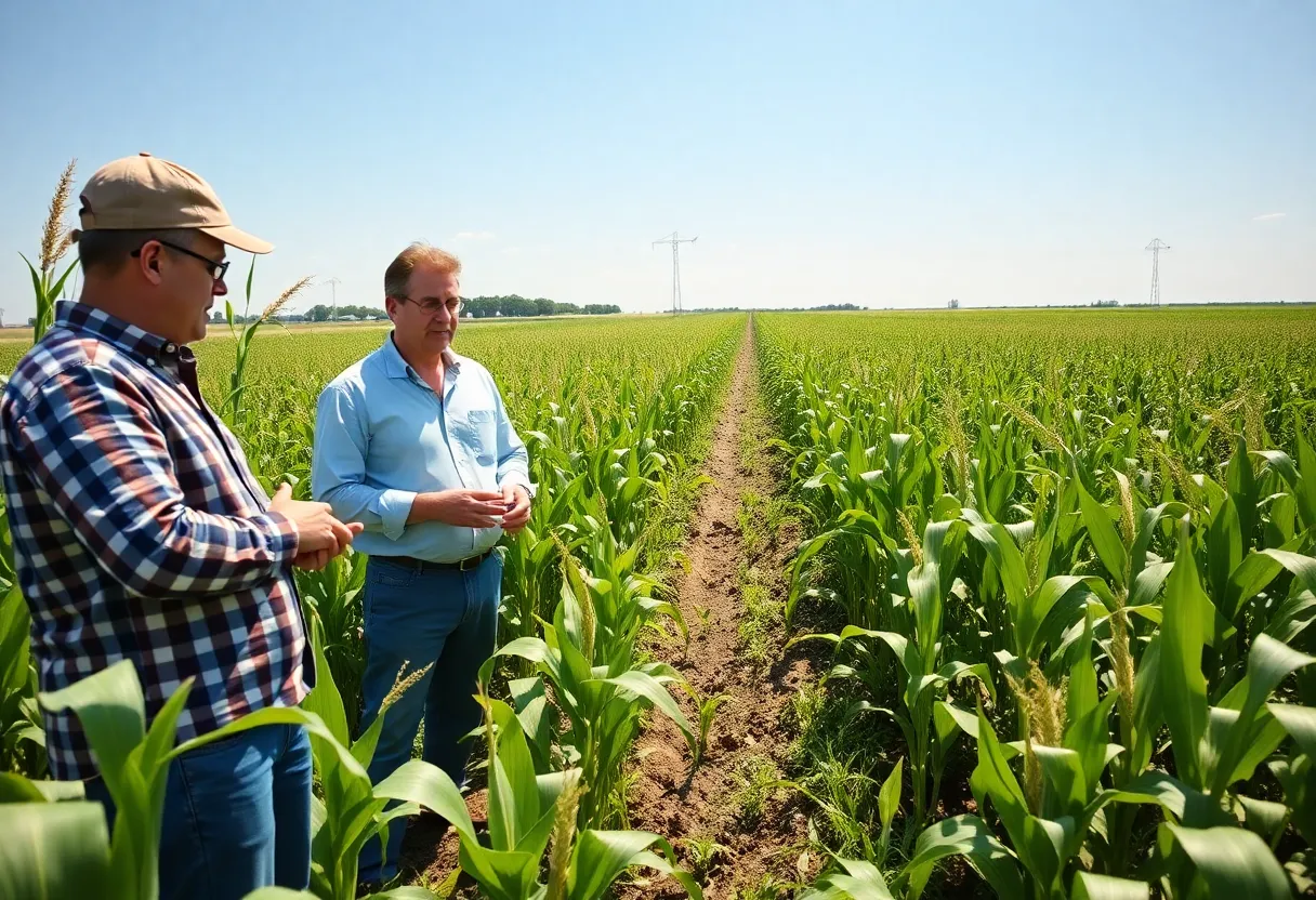 Participants at Clemson University's Corn and Soybean Field Day discussing farming practices in a sunny field.