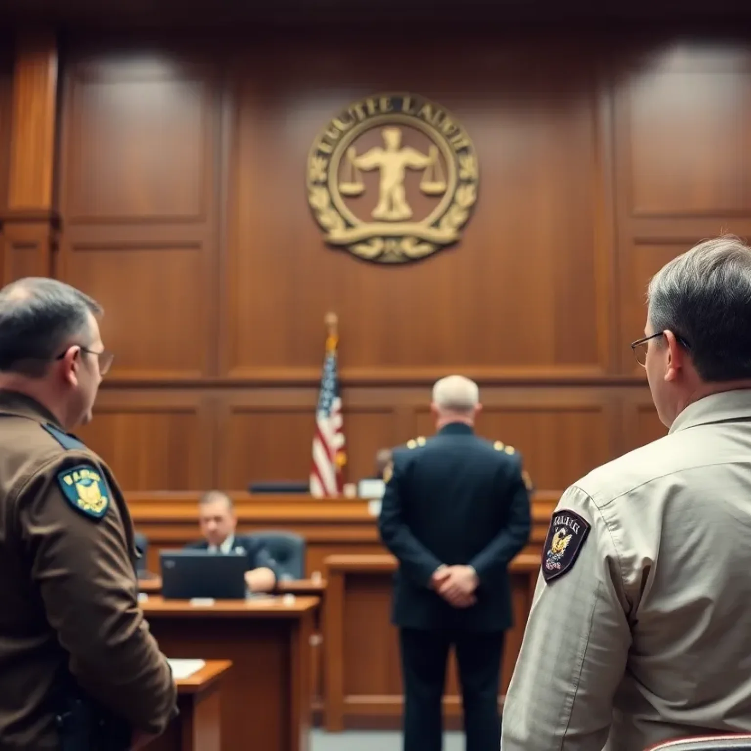 Image depicting a courtroom with a judge, lawyers, and legal documents