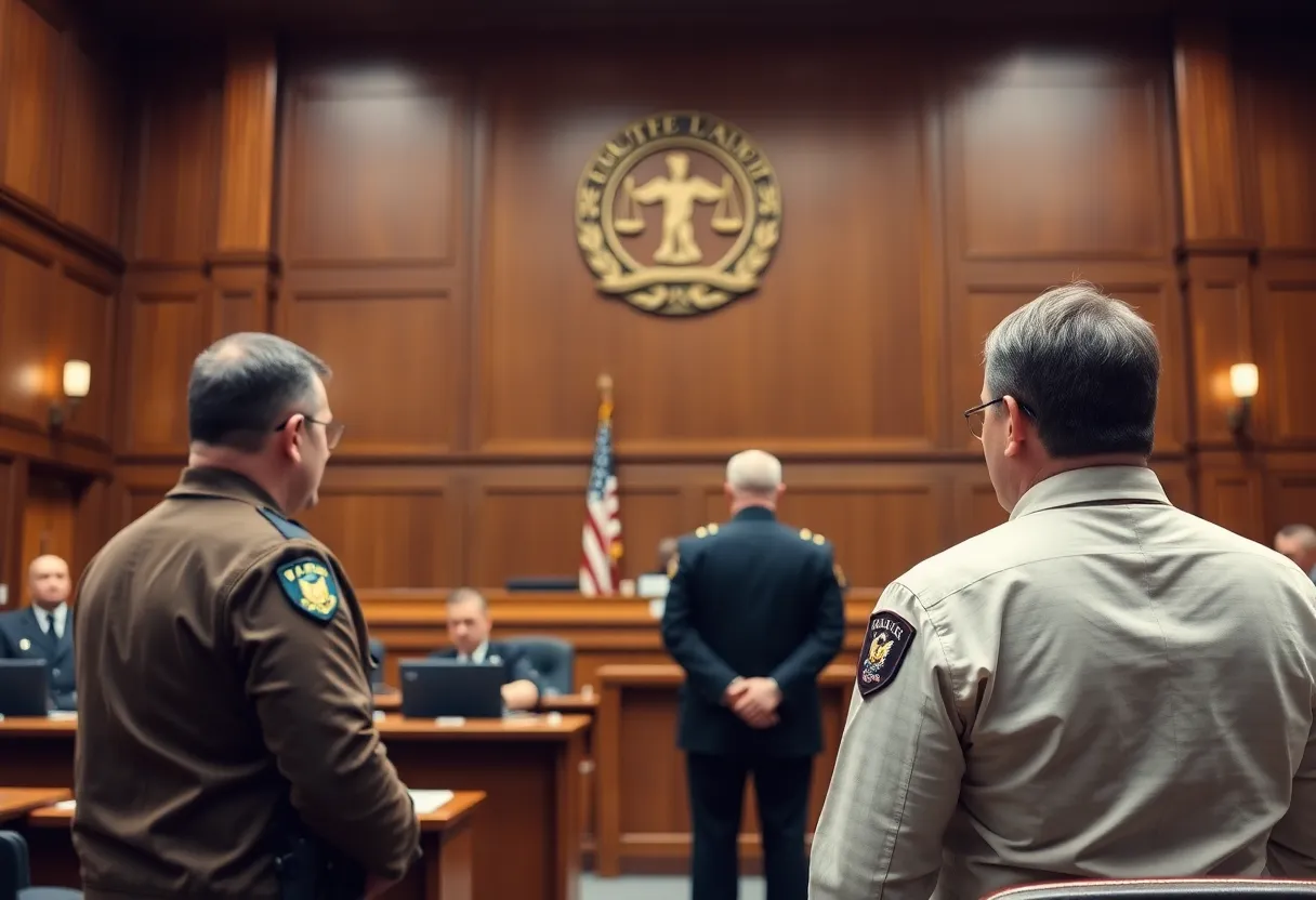 Image depicting a courtroom with a judge, lawyers, and legal documents