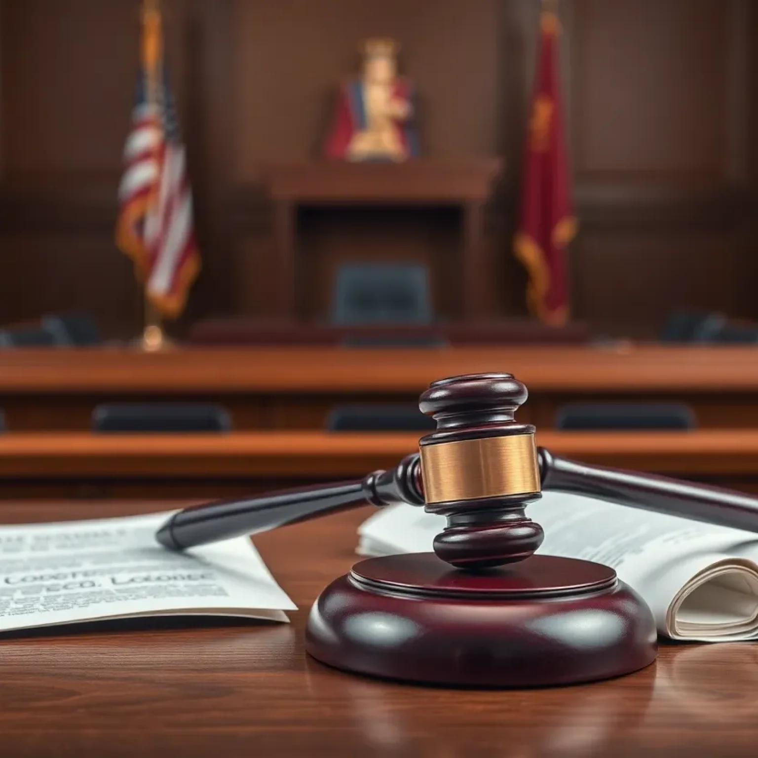 Courtroom scene representing a lawsuit involving a school.