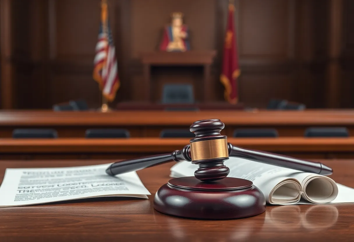 Courtroom scene representing a lawsuit involving a school.