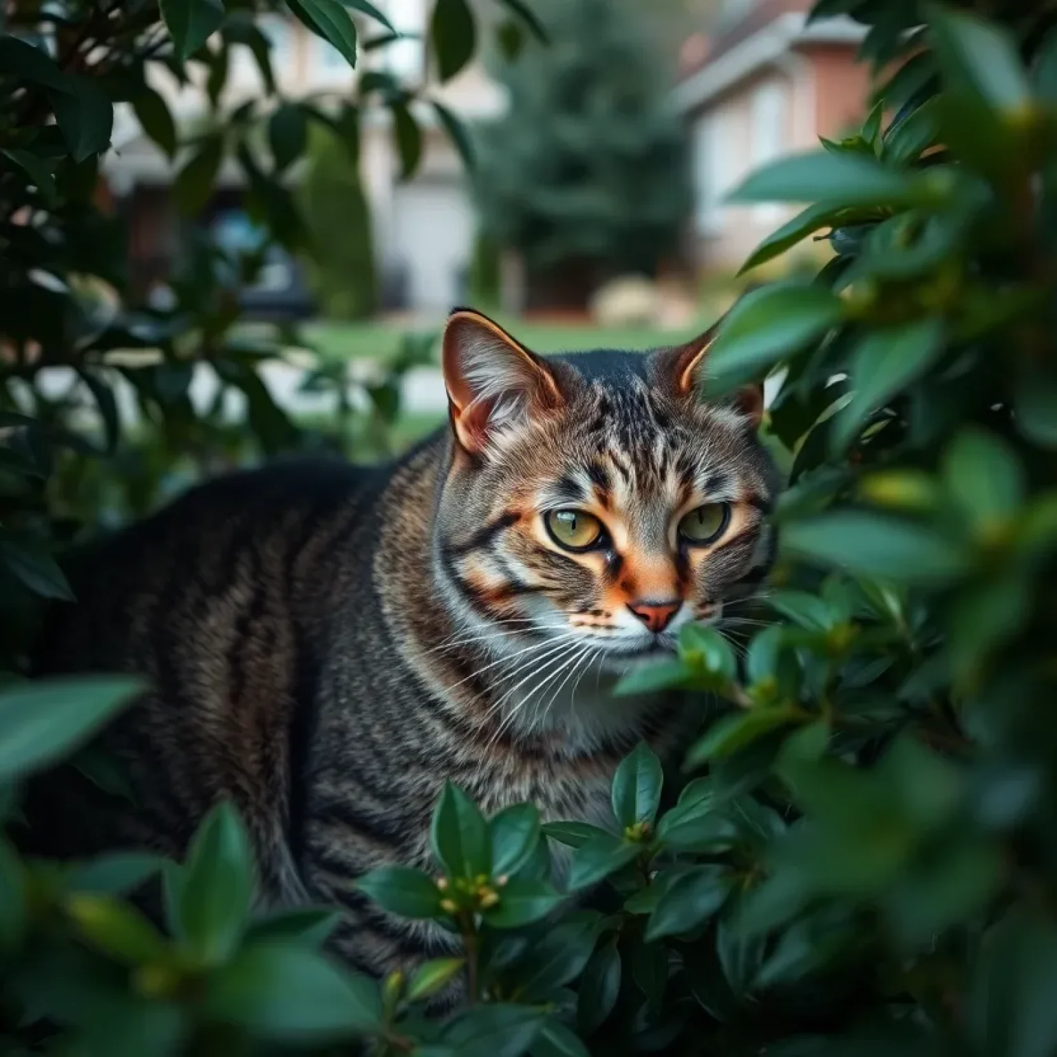 A feral cat hiding among thick plants