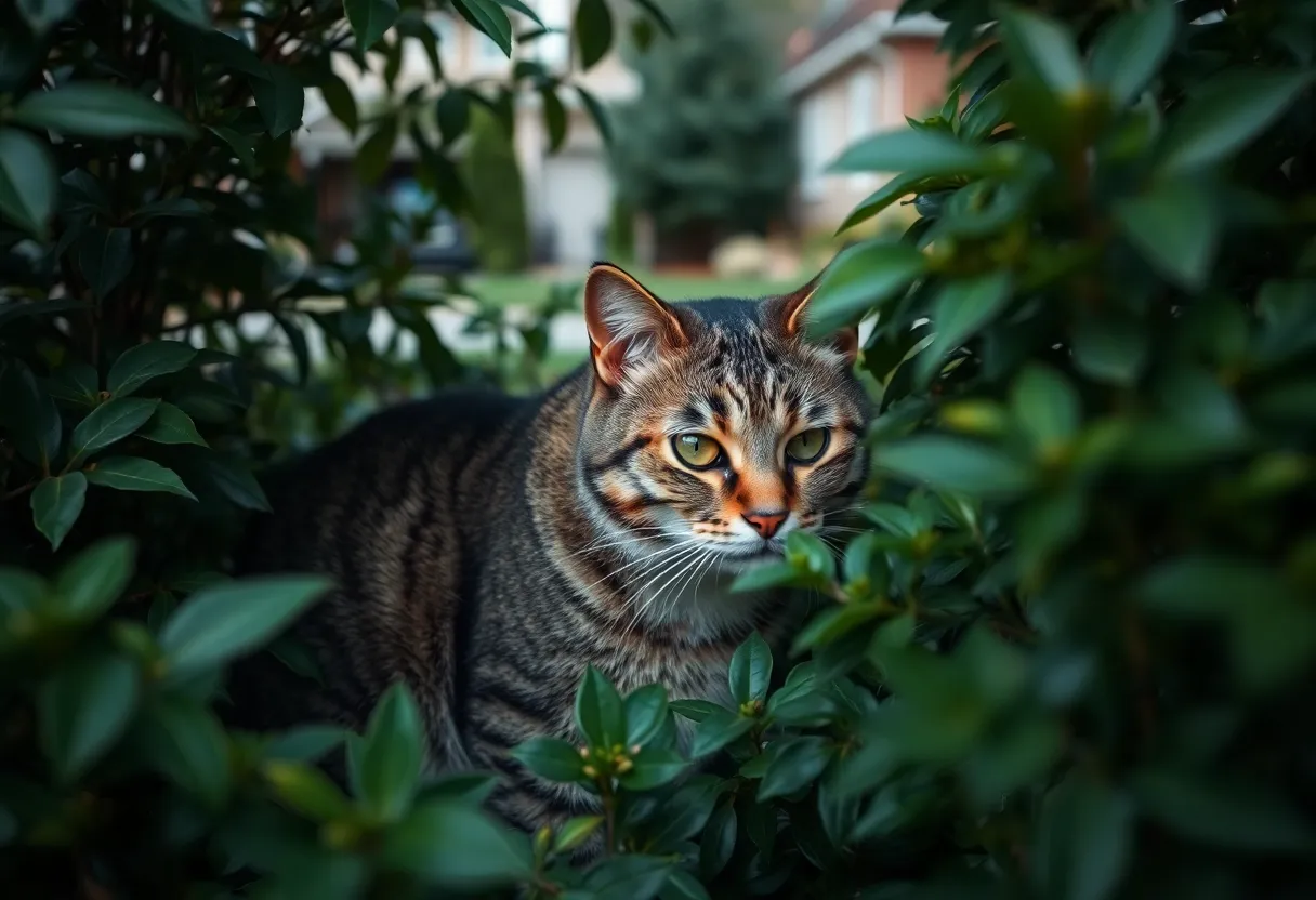 A feral cat hiding among thick plants