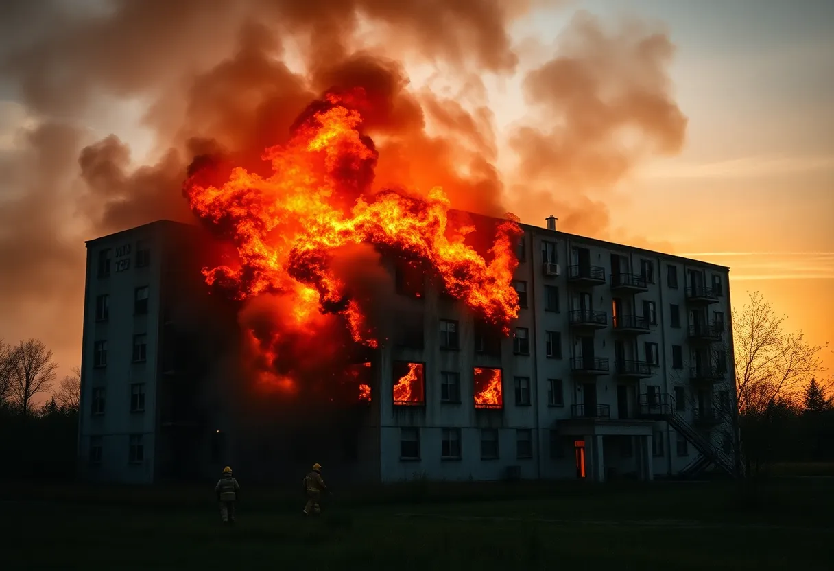 Firefighters battling a blaze at the former Travel House Inn